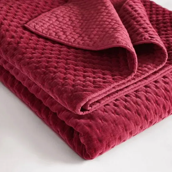 Quilted Bedspread with Hand Stitching - Red, Velvet