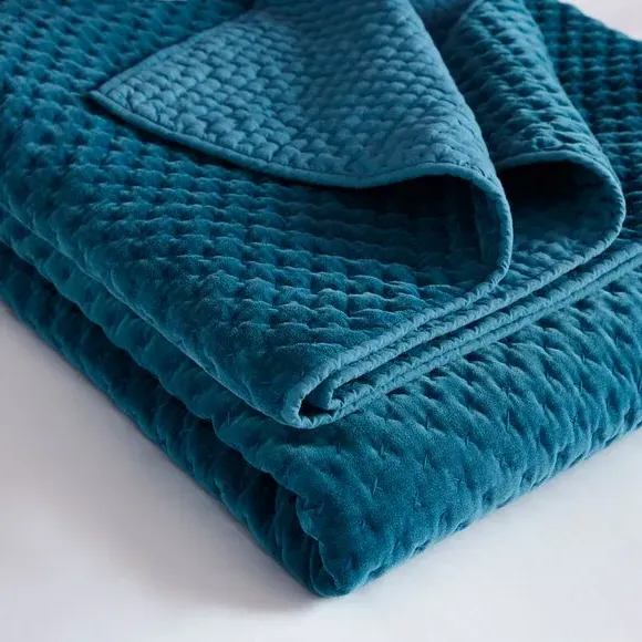 Quilted Bedspread with Hand Stitching - Teal, Velvet