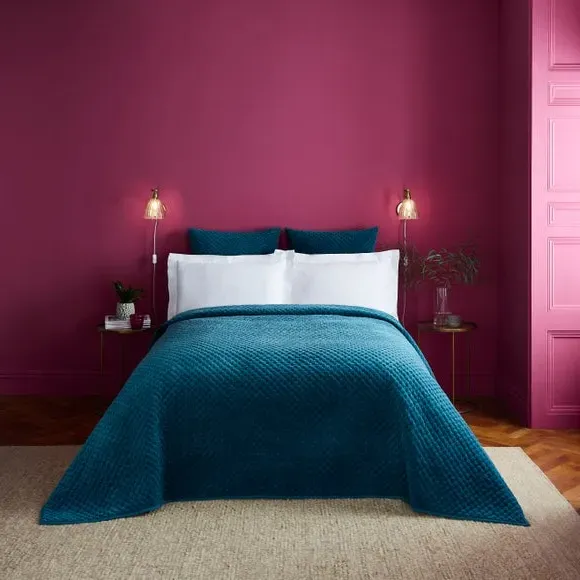 Quilted Bedspread with Hand Stitching - Teal, Velvet