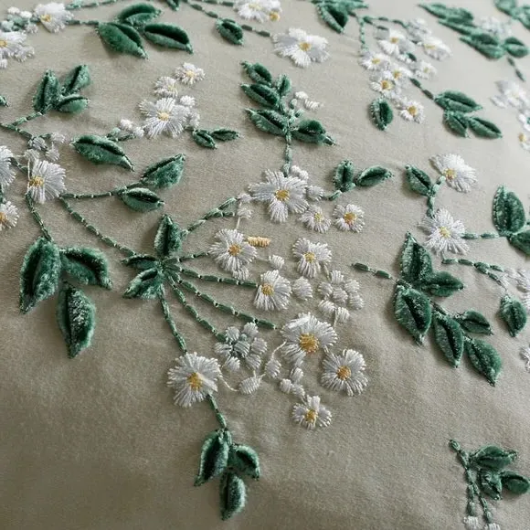 Rectangle Cushion with Embroidery - Green, Linen