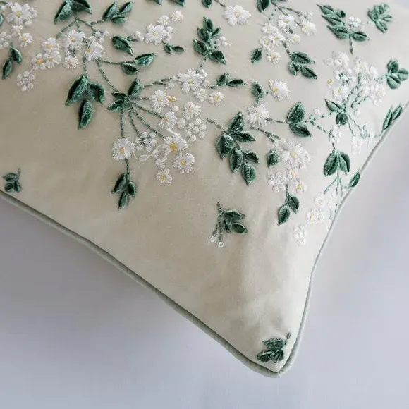 Rectangle Cushion with Embroidery - Green, Linen
