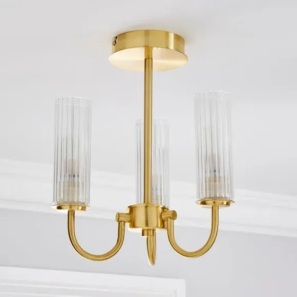 Semi Flush Ceiling Light - Gold, Fluted Glass