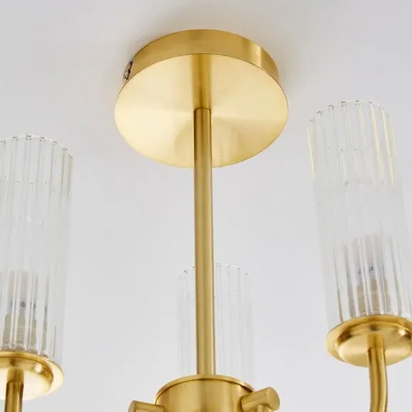 Semi Flush Ceiling Light - Gold, Fluted Glass