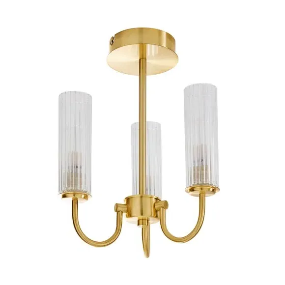 Semi Flush Ceiling Light - Gold, Fluted Glass