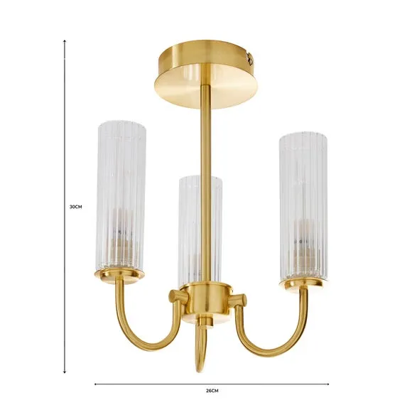 Semi Flush Ceiling Light - Gold, Fluted Glass
