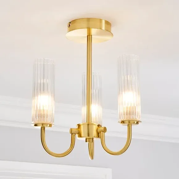 Semi Flush Ceiling Light - Gold, Fluted Glass image