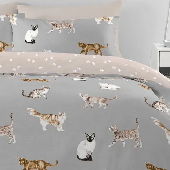 Cats Duvet Cover & Pillowcase Set - Grey, Polycotton