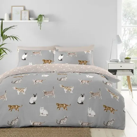 Cats Duvet Cover & Pillowcase Set - Grey, Polycotton image