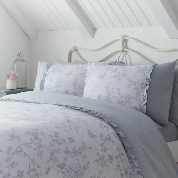 Duvet Cover Set with Frill - Grey, Polycotton