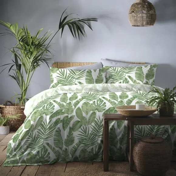 Duvet Cover Set with Leaf Print - Green, Polycotton