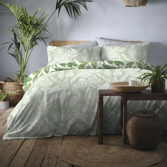 Duvet Cover Set with Leaf Print - Green, Polycotton