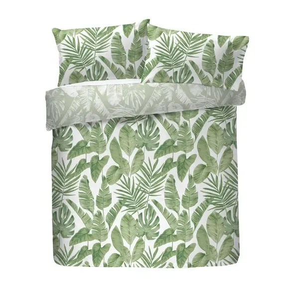 Duvet Cover Set with Leaf Print - Green, Polycotton