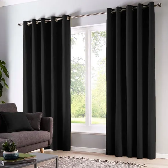 Eyelet Curtains with Textured Design - Black, Cotton
