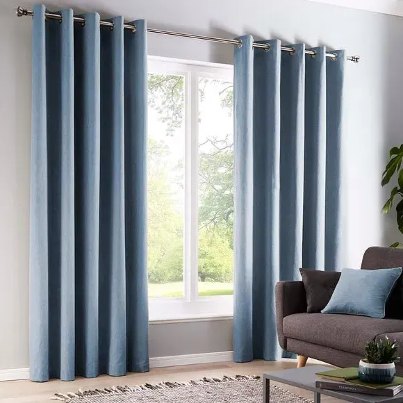 Eyelet Curtains with Textured Design - Blue, Cotton