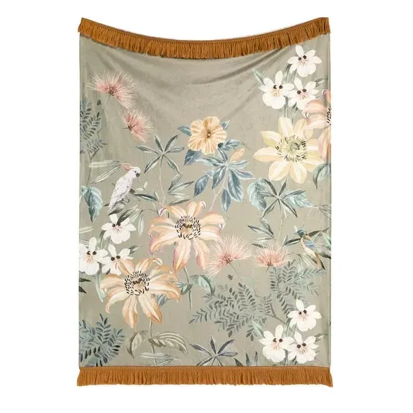 Floral Throw Blanket with Tassels - Green, Velvet