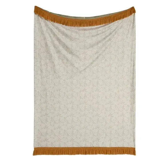 Floral Throw Blanket with Tassels - Green, Velvet