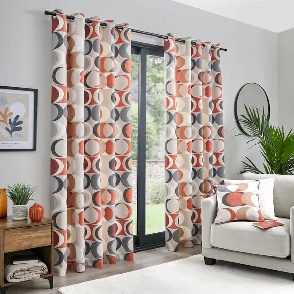 Pair Eyelet Curtains Geometric - Red, Cotton