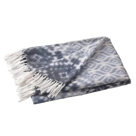 Patterned Bedspread with Tassels - Blue, Polyester