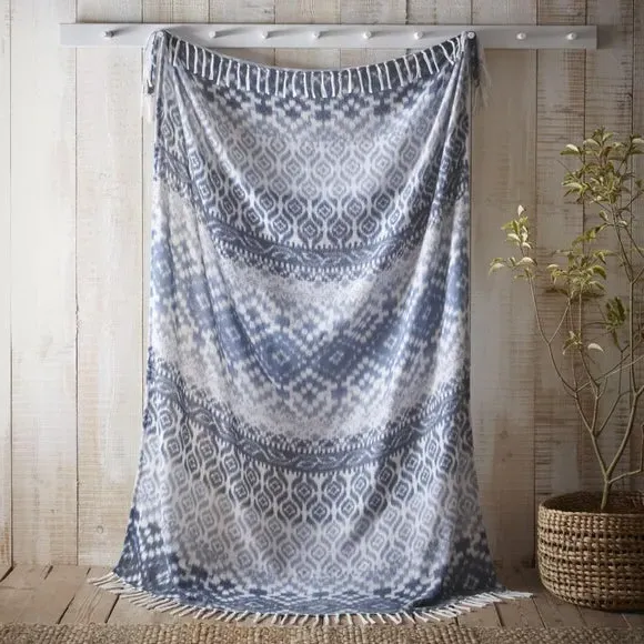 Patterned Bedspread with Tassels - Blue, Polyester