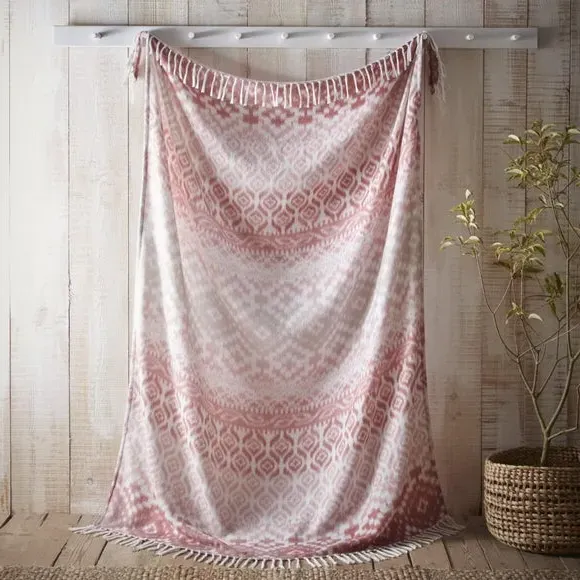 Patterned Bedspread with Tassels - Terracotta