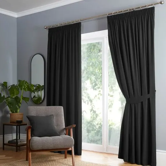 Pencil Pleat Curtains with Blackout - Black