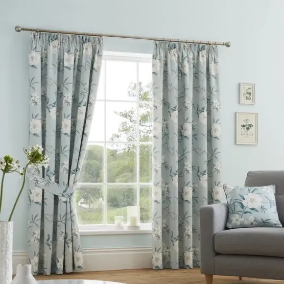 Pencil Pleat Curtains with Floral Design - Duck Egg