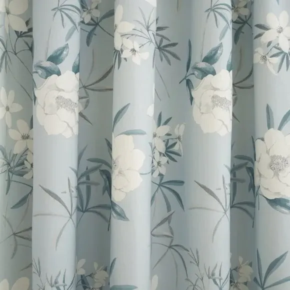 Pencil Pleat Curtains with Floral Design - Duck Egg