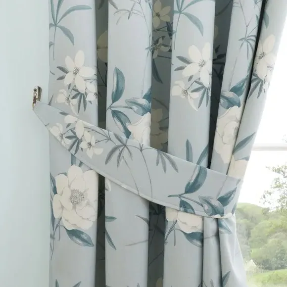 Pencil Pleat Curtains with Floral Design - Duck Egg