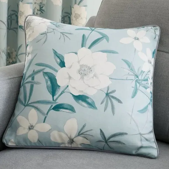 Pencil Pleat Curtains with Floral Design - Duck Egg