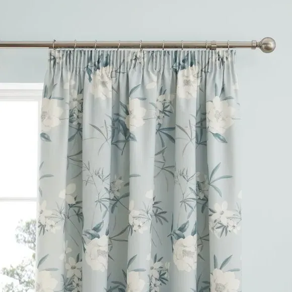Pencil Pleat Curtains with Floral Design - Duck Egg image