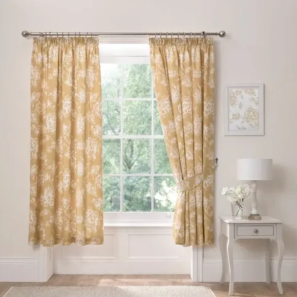 Pencil Pleat Curtains with Floral Design - Gold
