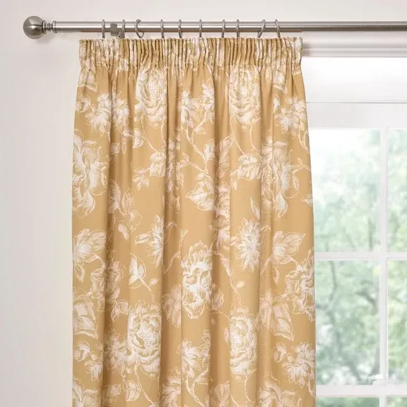 Pencil Pleat Curtains with Floral Design - Gold