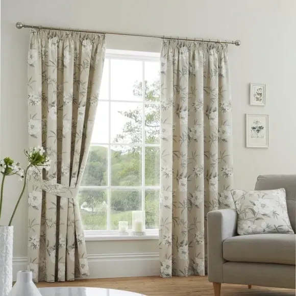 Pencil Pleat Curtains with Floral Design - Natural