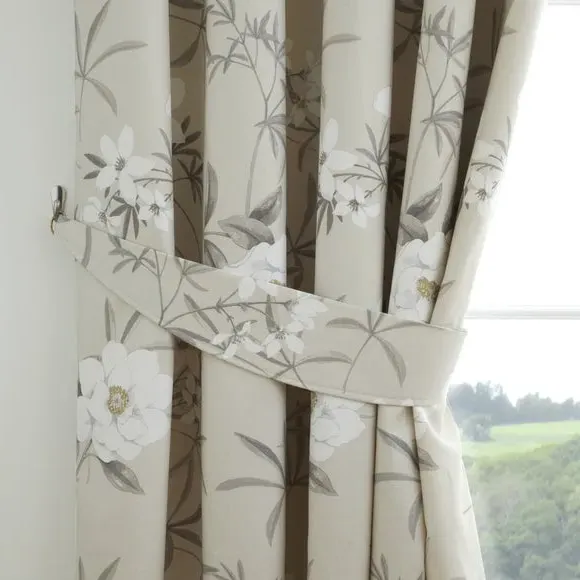 Pencil Pleat Curtains with Floral Design - Natural