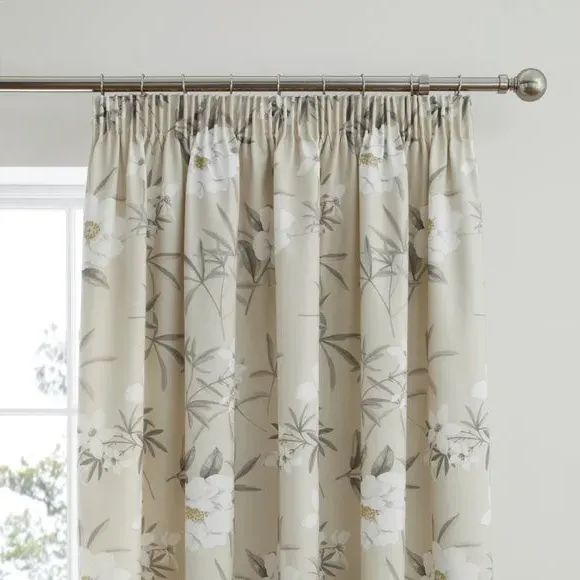 Pencil Pleat Curtains with Floral Design - Natural