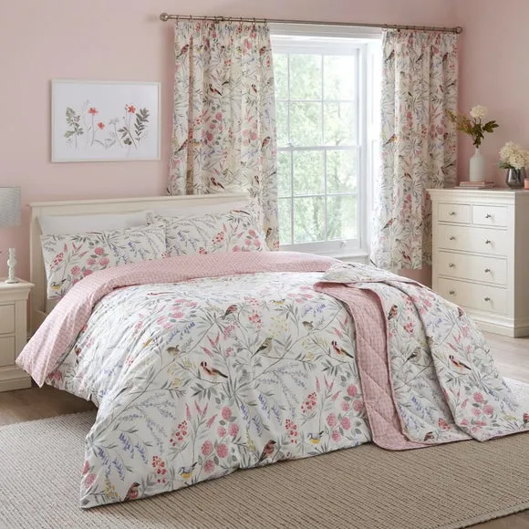 Quilted Bedspread Floral Bird Design - Pink