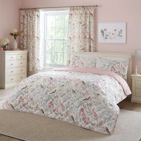 Quilted Bedspread Floral Bird Design - Pink image
