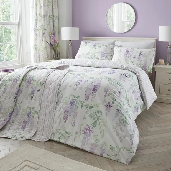 Quilted Bedspread Floral Design - Lilac, Cotton