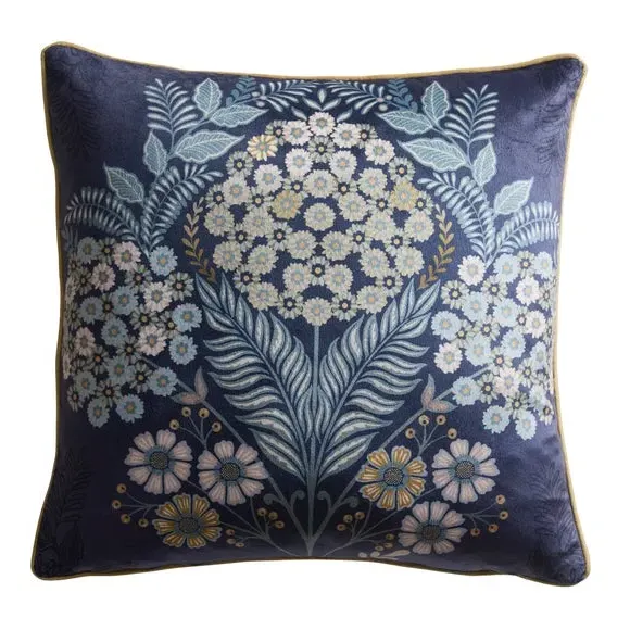 Square Cushion with Floral Design - Navy, Polyester