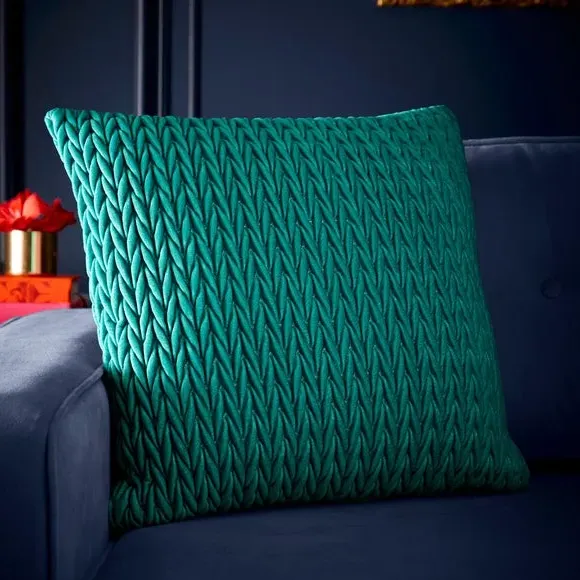 Square Cushion with Ruched Design - Jade, Velvet