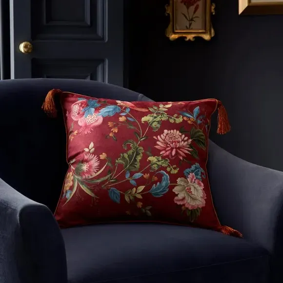 Square Cushion with Tassels - Red, Velvet