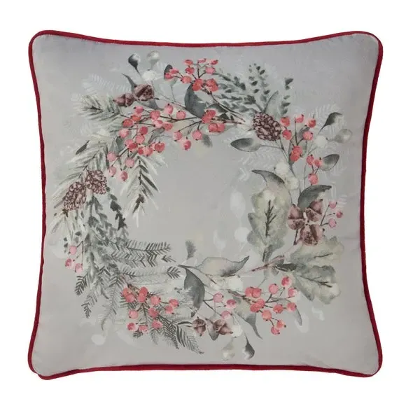 Square Cushion with Winter Sprigs - Green, Velvet