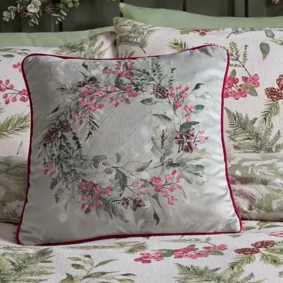 Square Cushion with Winter Sprigs - Green, Velvet