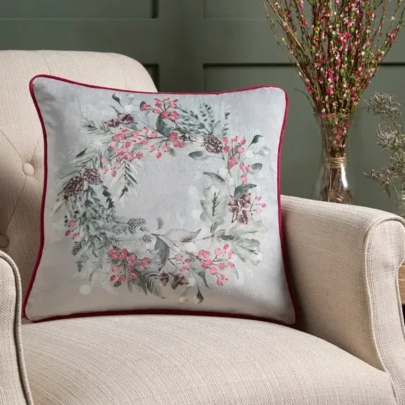 Square Cushion with Winter Sprigs - Green, Velvet image