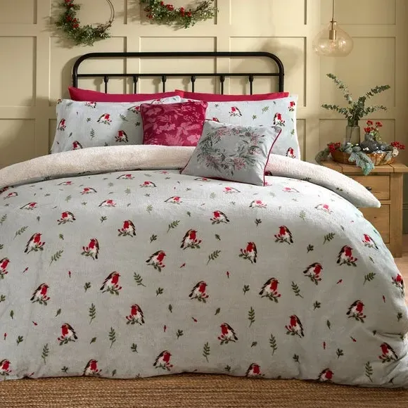 Winter Robin Duvet Cover Set - Duck Egg, Polyester