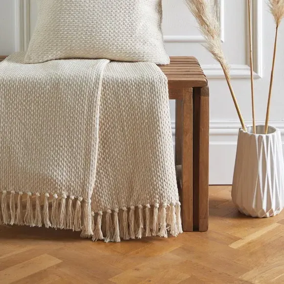 Throw Blanket with Tassels - Cream, Polyester