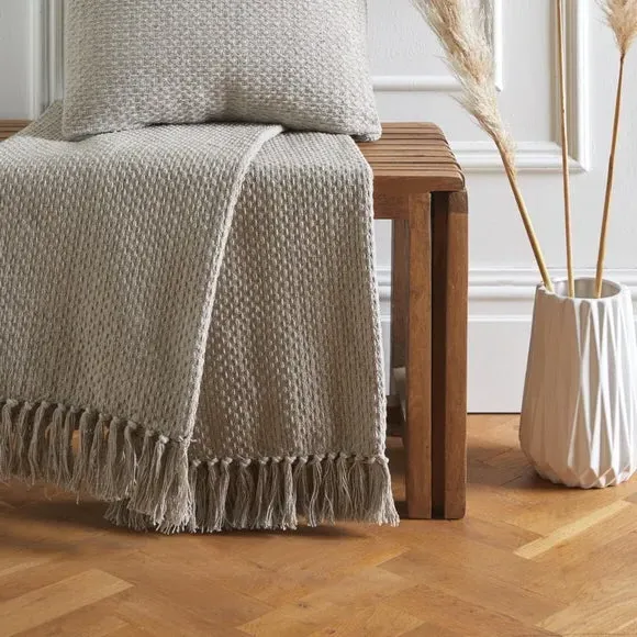 Throw Blanket with Tassels - Natural, Polyester