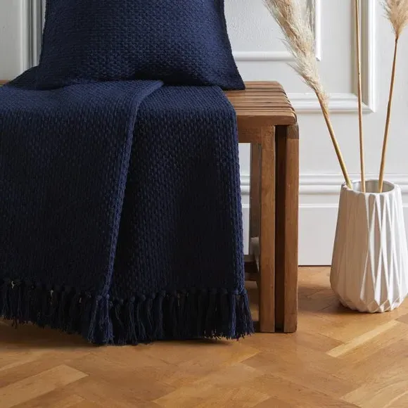 Throw Blanket with Tassels - Navy, Polyester