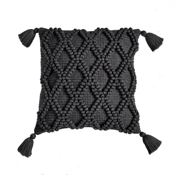 Square Outdoor Cushion with Tassels - Black