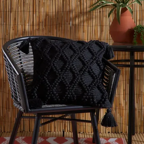 Square Outdoor Cushion with Tassels - Black